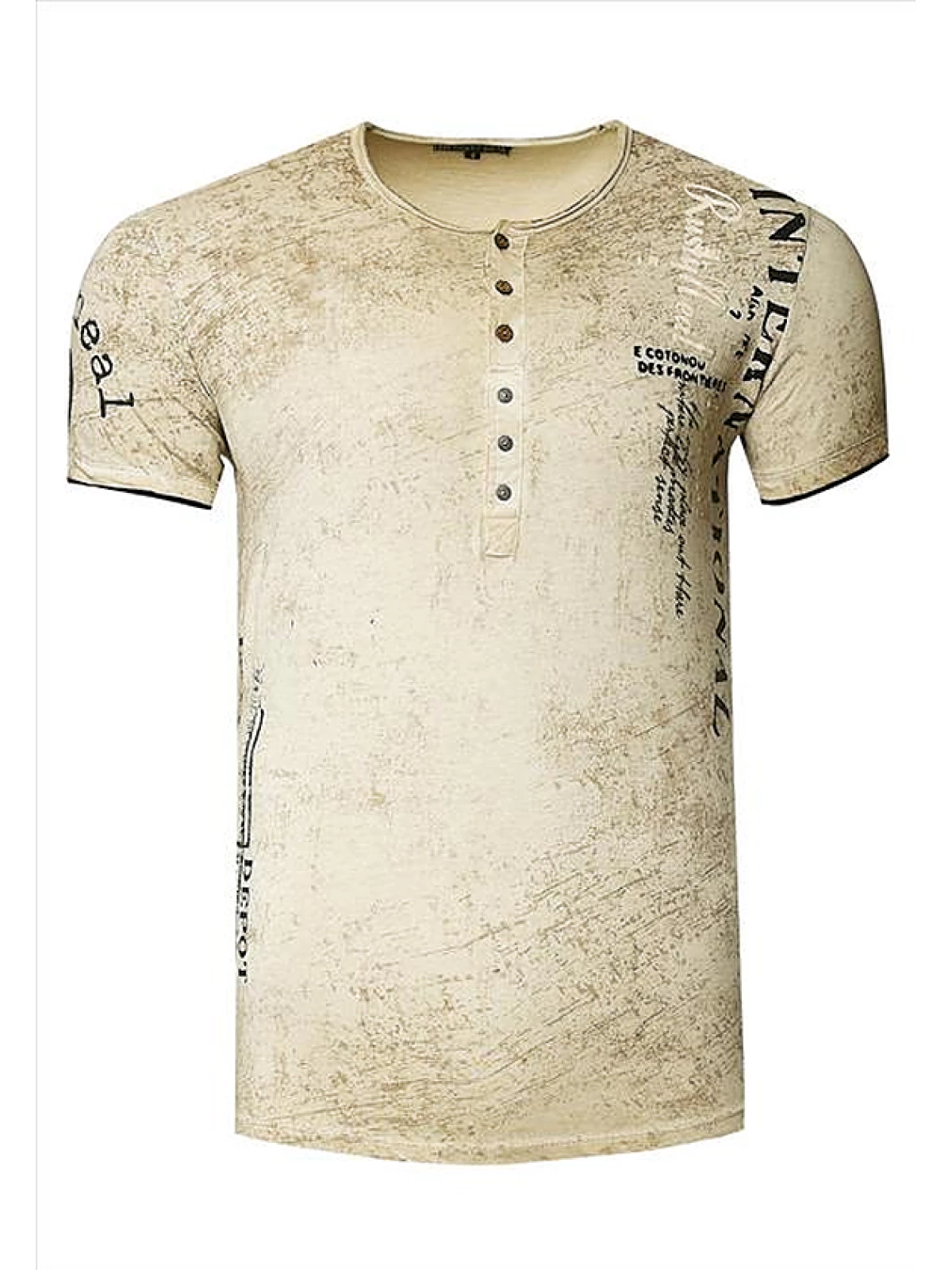 RustyNeal - T-shirt Heren - Knoopsluiting - Camel - Ronde Hals - Art.nr. 15243