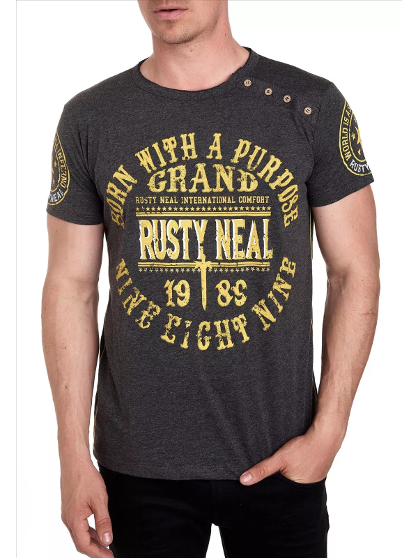 RustyNeal - Heren T-Shirt - Antraciet - Knopen - Art.nr. 15216