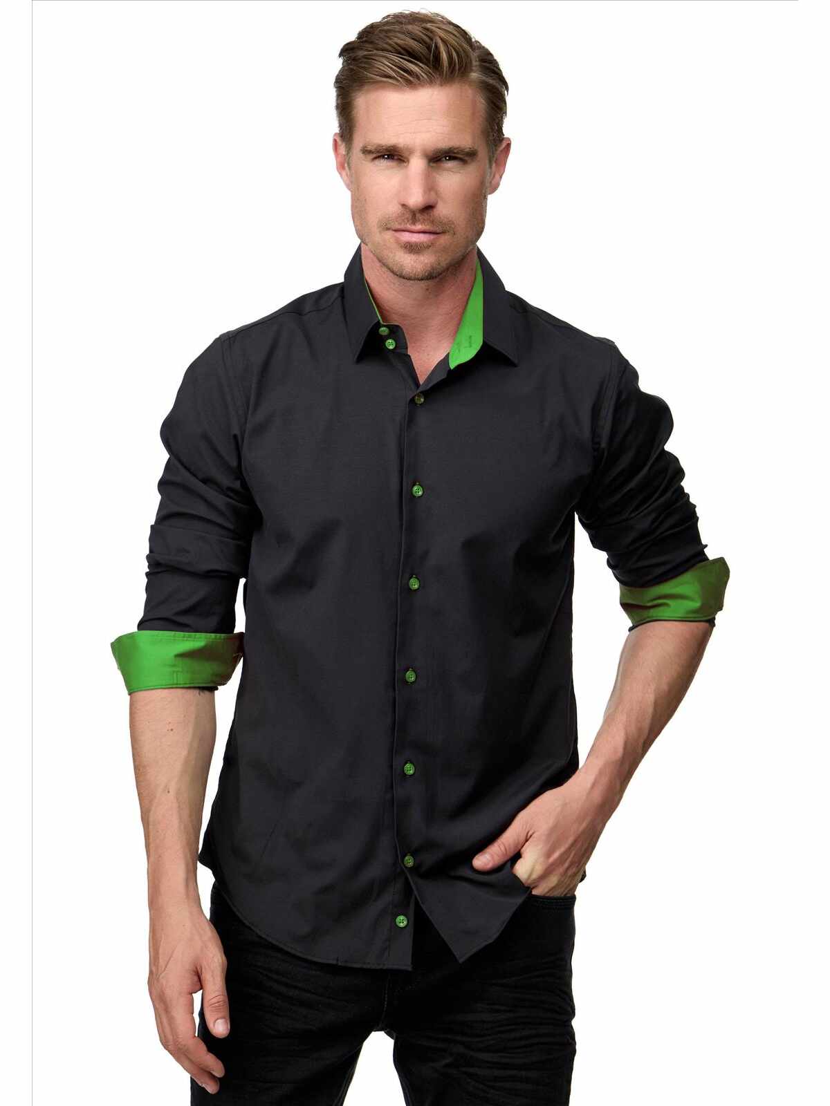 ItalianStyle - Heren Overhemd - Slim Fit Model - Zwart - Groen - Art.nr. R-44