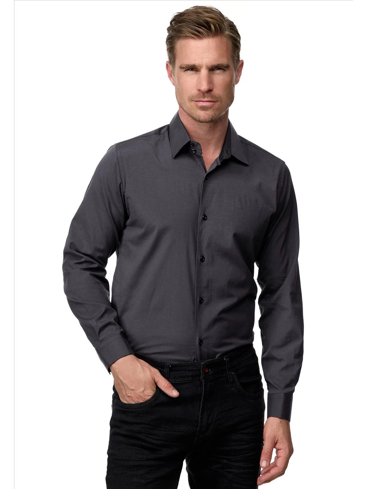 ItalianStyle - Herenoverhemd - Katoen - Slimfitmodel - Antracietgrijs - Art.nr. R-44