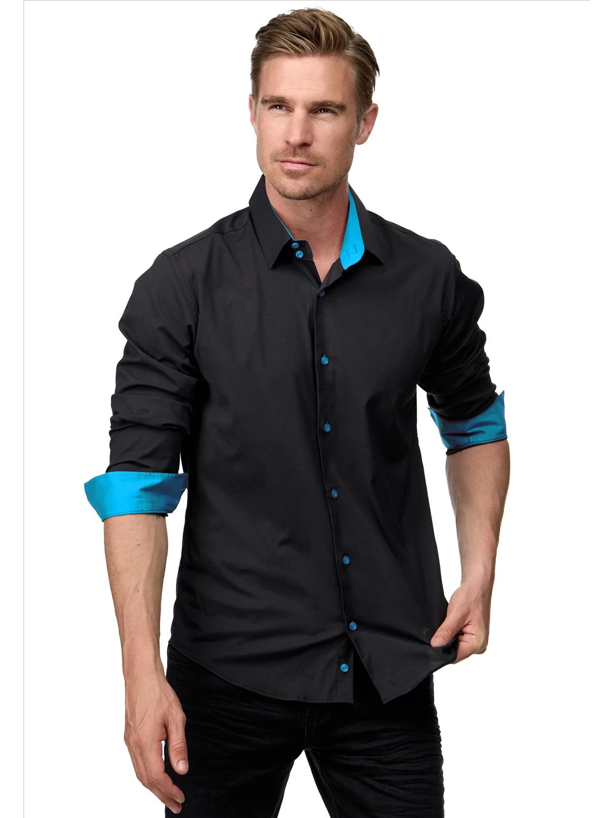 ItalianStyle - Herenoverhemd - Slimfitmodel - Zwart Turkis Blauw