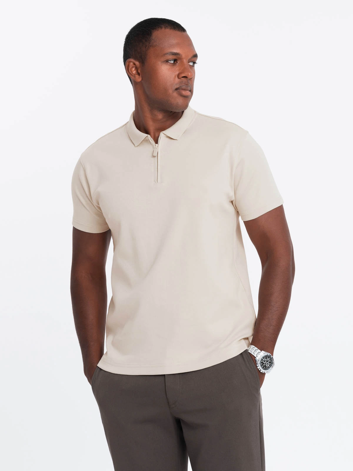 Poloshirt Heren - Korte Mouw met Rits - Creme Camel - 0132C