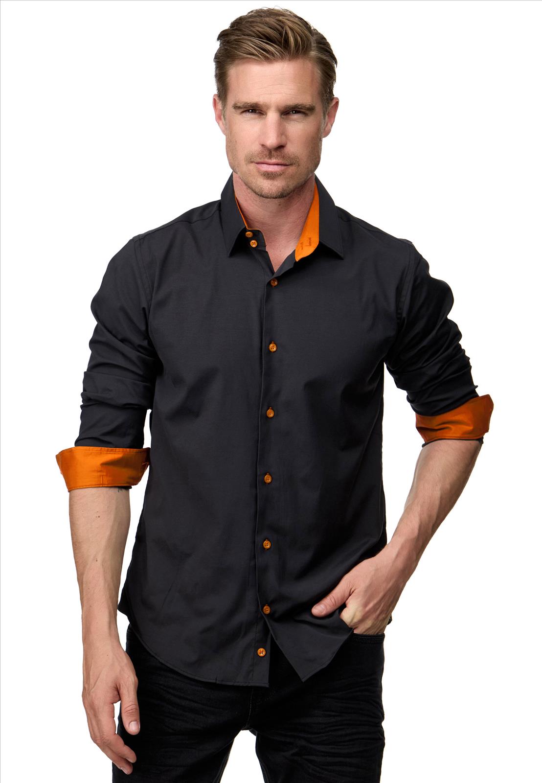 Italian-Style - Heren Overhemd - Slim Fit Model - Zwart - Oranje