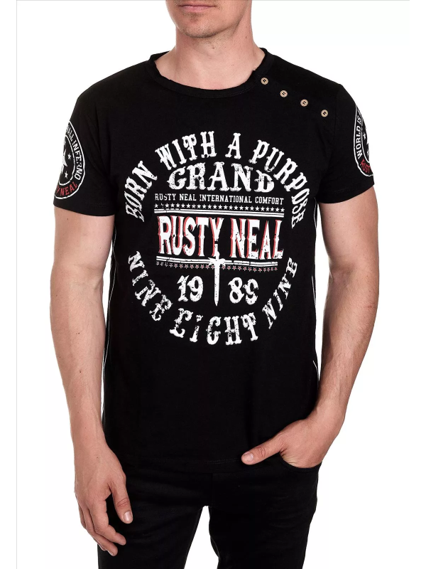 RustyNeal - Heren T-shirt - Zwart - Knopen - Art.nr. 15216