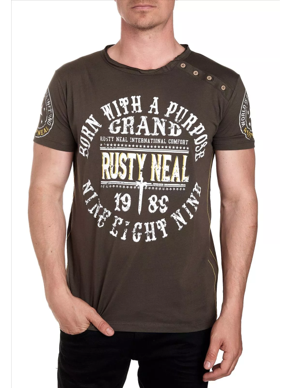 RustyNeal - Heren T-shirt - Kaki - Knopen - Art.nr. 15216
