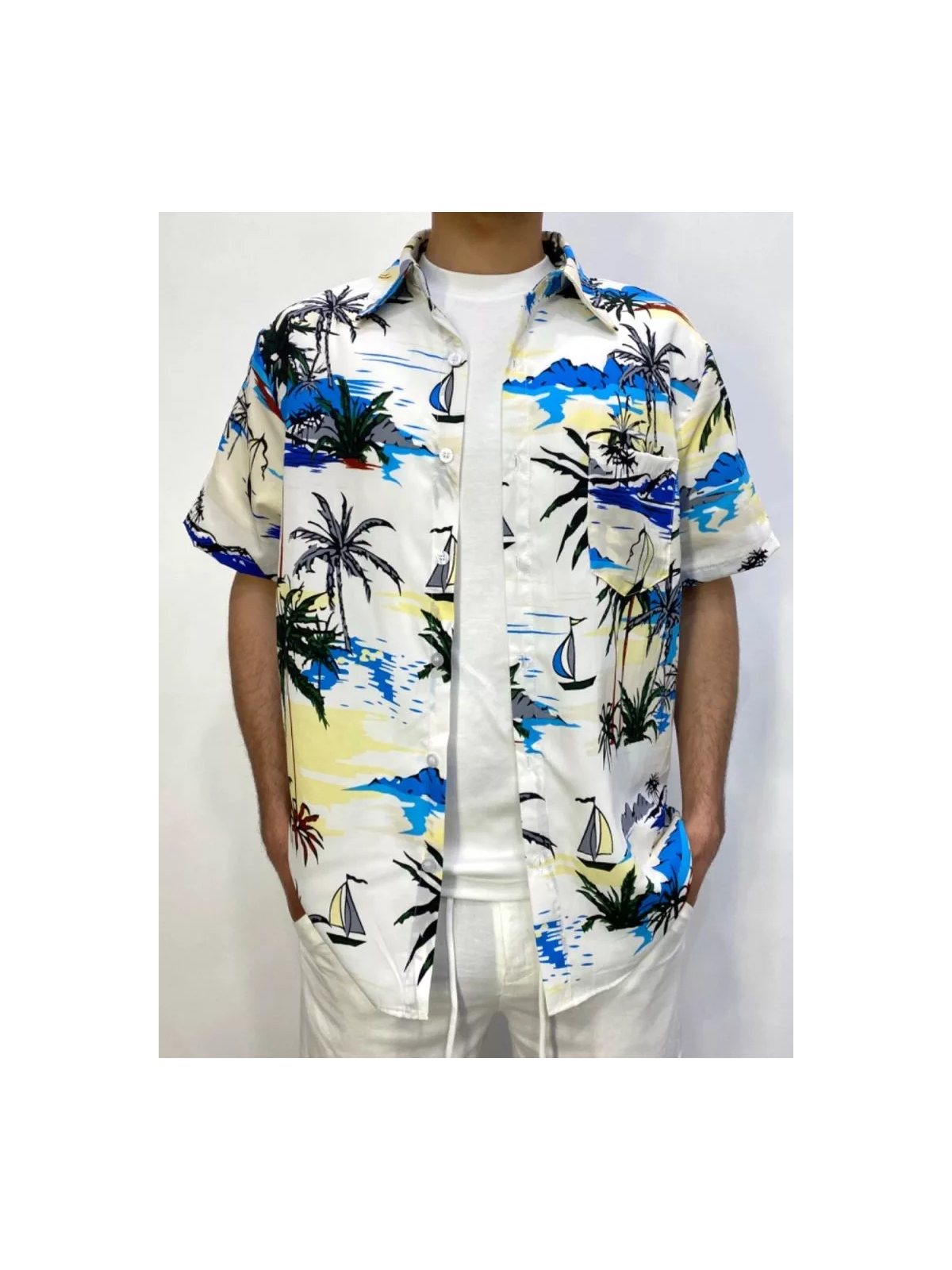 Heren Italiaans Zomers Overhemd - Korte Mouw - Palmprint - Open kraag - Art.nr. TM350SAIL