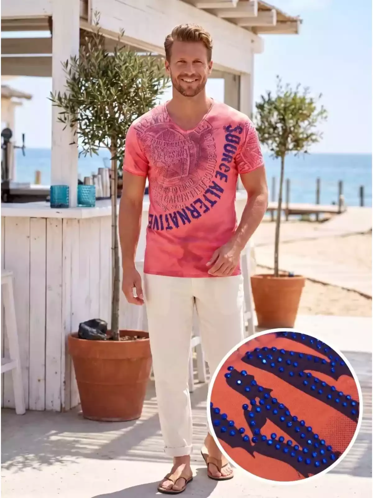 RustyNeal - Strass T-shirt Heren - Knoopsluiting - Koraal - Ronde Hals
